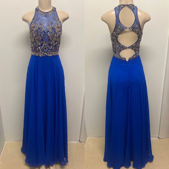 Royal Blue Sleeveless Halter Prom Dress With Beaded Bodice & Sheer Back Detail - Picture 3 of 12